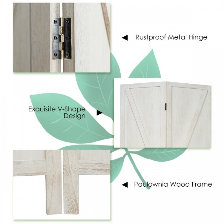 Close-up of the rustproof metal hinge on the 4-panel folding wooden room divider made of natural paulownia wood.