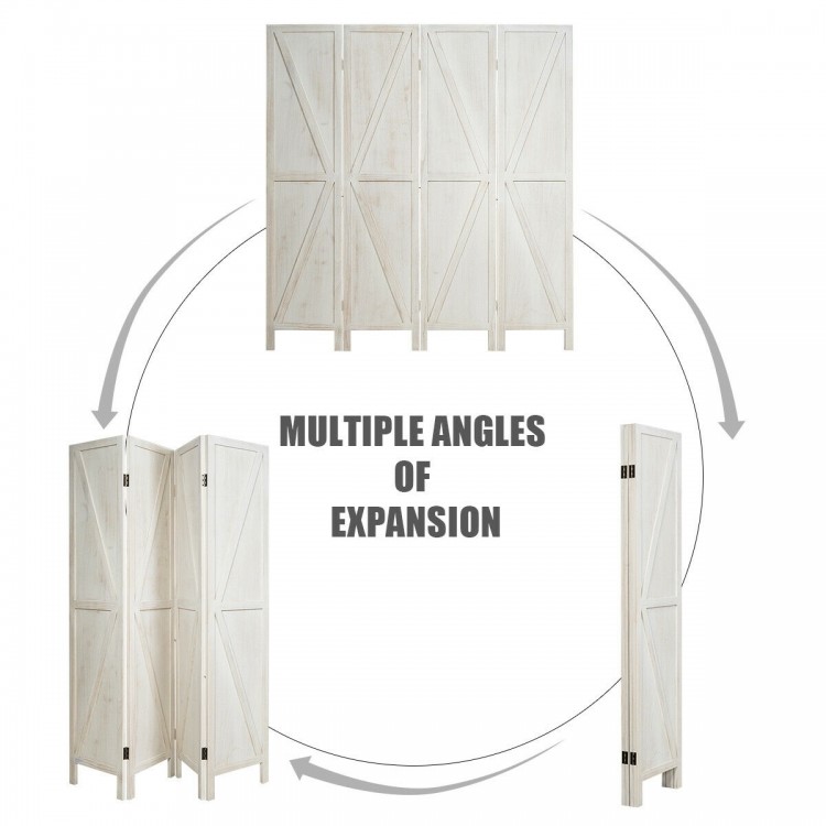 4-panel folding wooden room divider in white, showcasing multiple angles of expansion for versatile space separation.