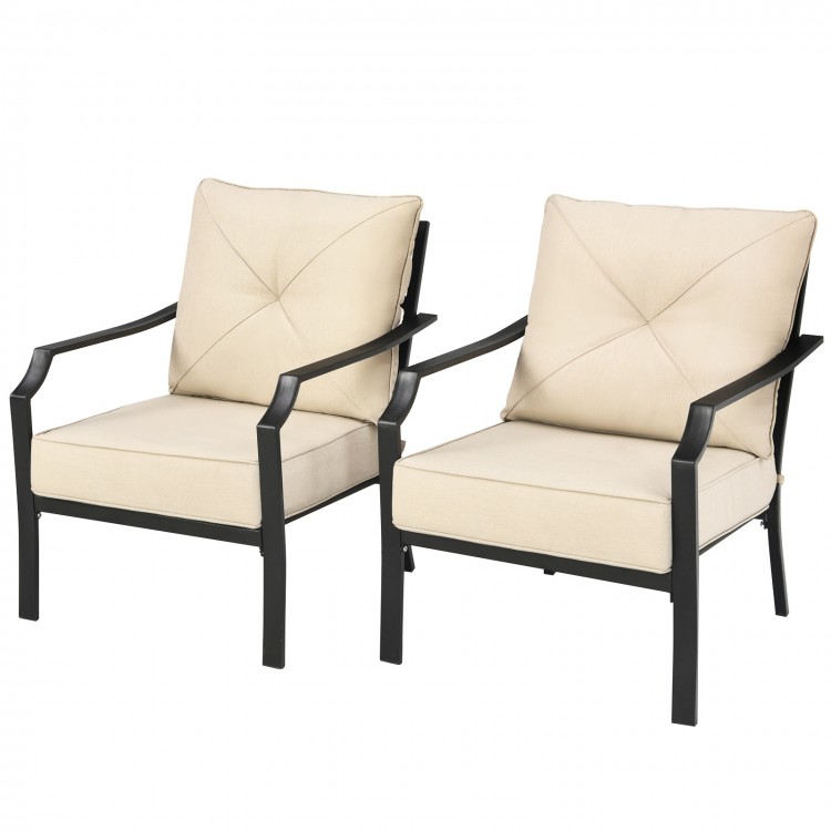 Two patio chairs with padded cushions and ergonomic armrests, featuring a rustproof steel frame for outdoor comfort.
