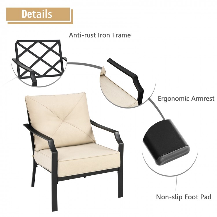 Close-up of ergonomic armrest and anti-rust iron frame of patio dining chair with padded cushions for outdoor comfort.