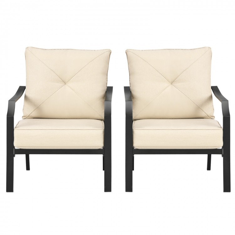 Side view of two patio chairs with thick cushions and a durable steel frame, ideal for outdoor dining and relaxation.