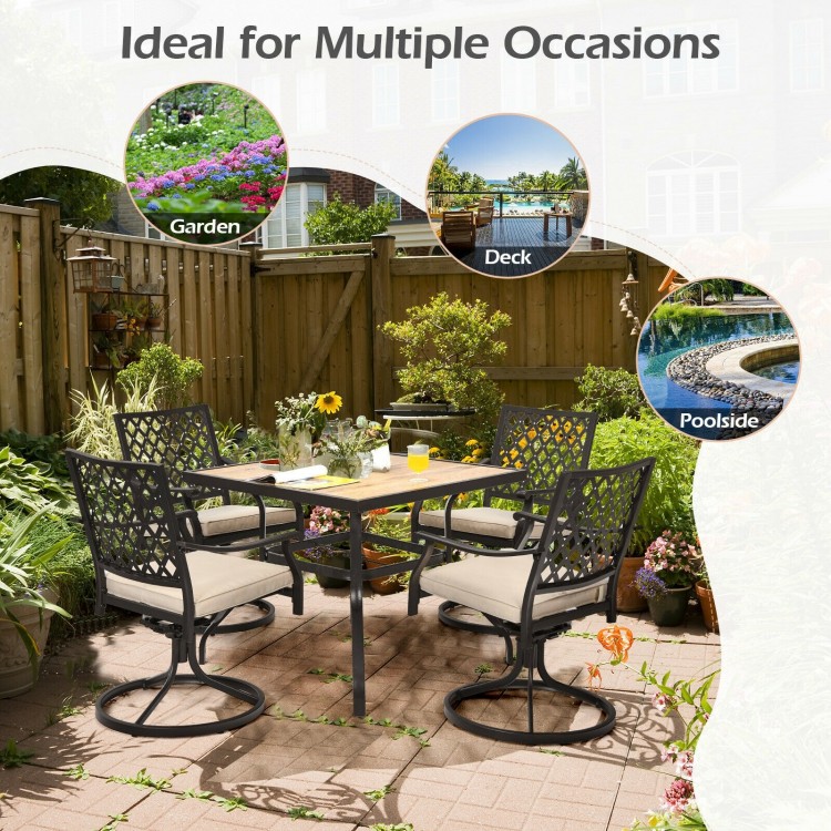 5-piece outdoor patio dining set featuring 4 swivel chairs and a square table, ideal for garden or poolside use.