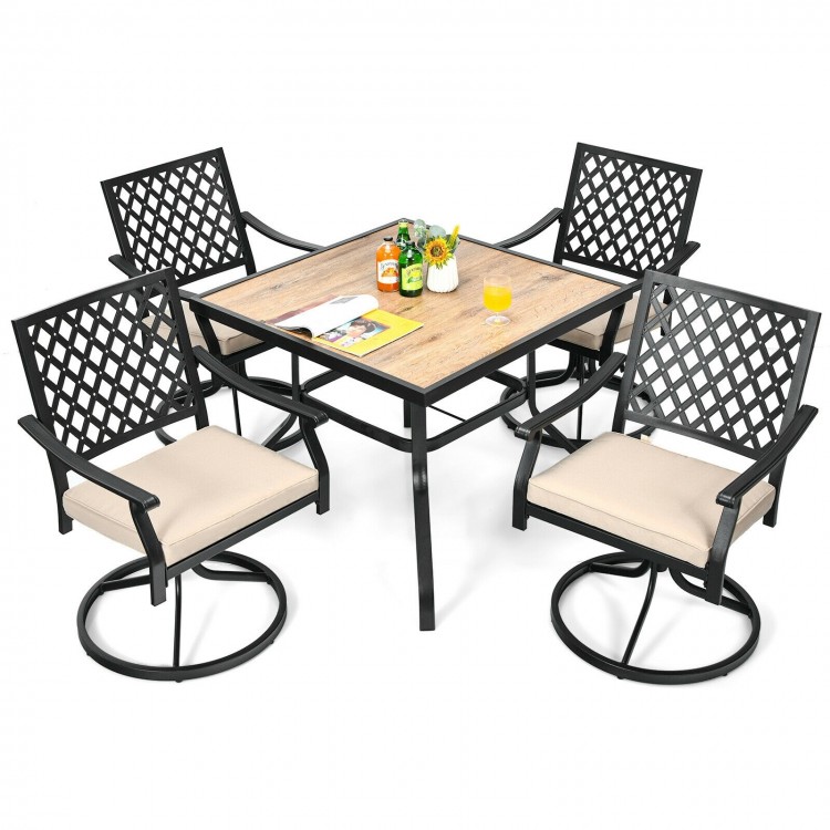 5-piece outdoor patio dining set featuring a square table and 4 swivel chairs with soft cushions, perfect for backyard.