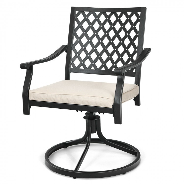 Swivel patio dining chair with soft cushion, designed for comfort and stability, ideal for outdoor spaces.