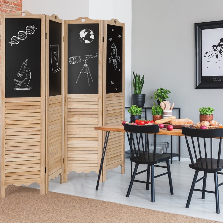 4-panel folding room divider screen with chalkboard surface, made of solid wood, ideal for living room or office use.