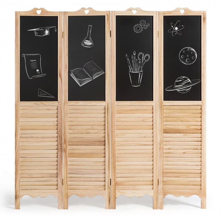 4-panel folding room divider screen with writable chalkboard surfaces, made of solid wood, ideal for living room or.