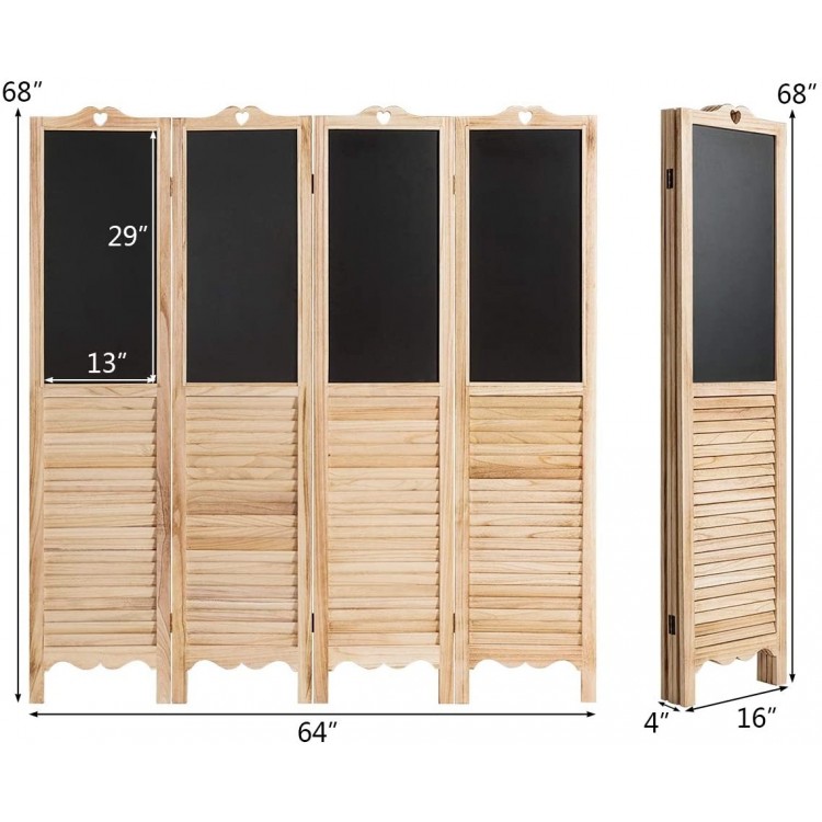 4-panel folding room divider screen with chalkboard, made of solid wood, ideal for living room or office use.