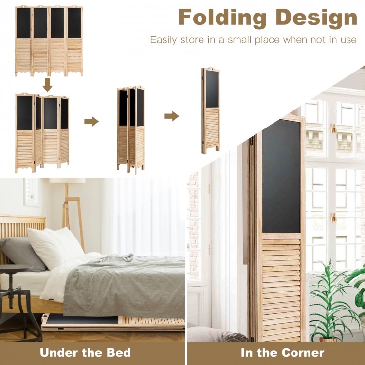 4-panel folding room divider screen made of solid wood with writable chalkboard surfaces, ideal for living rooms or.