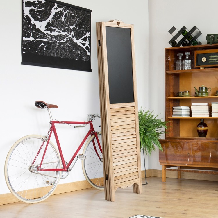4-panel folding privacy room divider screen with chalkboard, made of solid wood, ideal for living room or office use.