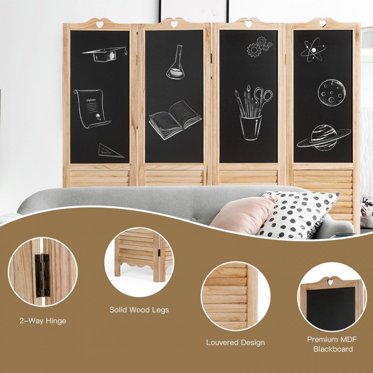 4-panel folding room divider screen with chalkboard surface, solid wood frame, ideal for living room or office use.