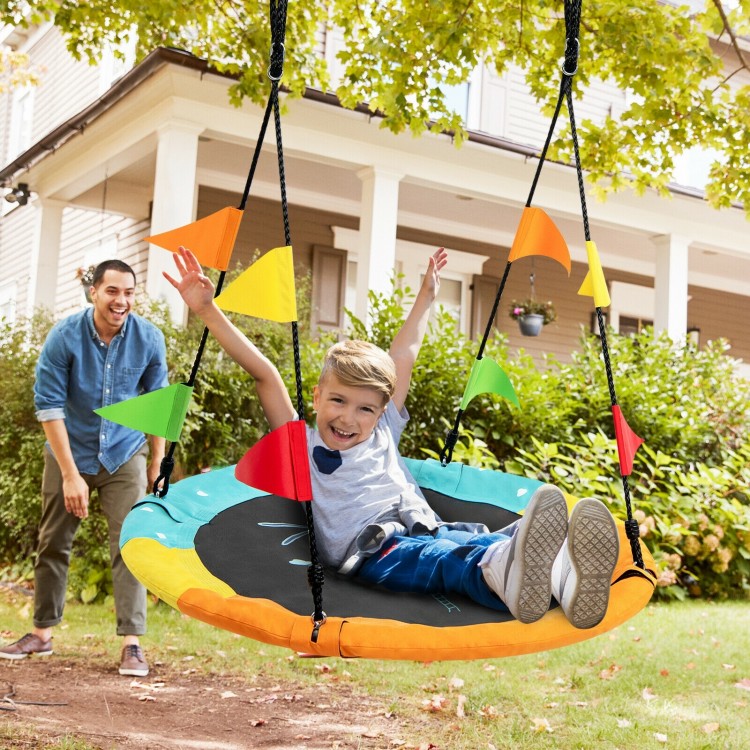 Colorful 40-inch flying saucer tree swing made of durable 600D Oxford cloth, perfect for outdoor fun in the backyard.