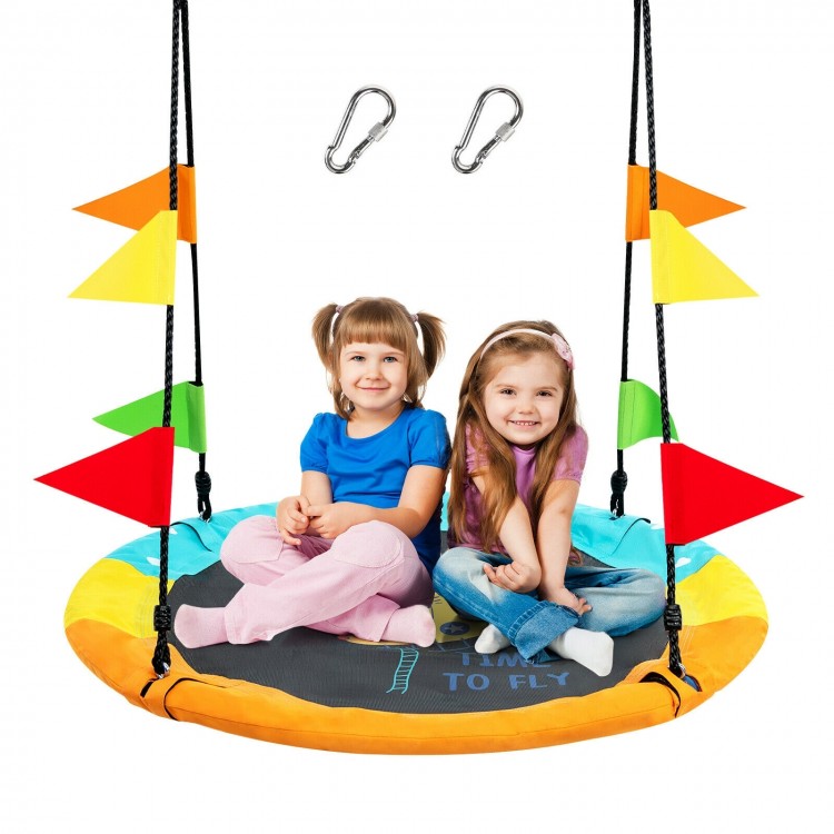 40-inch flying saucer tree swing with colorful flags, adjustable height, and durable 600D Oxford cloth for kids' fun.