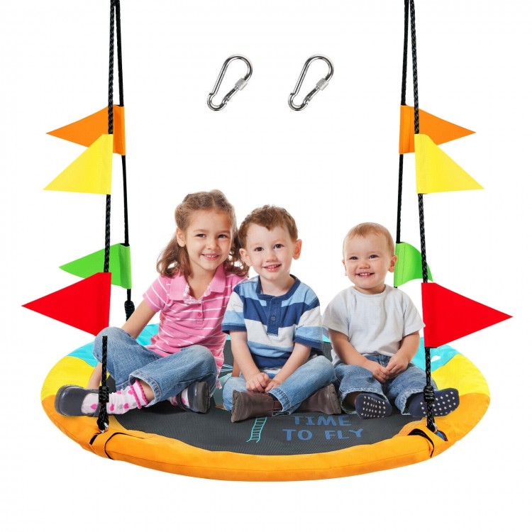 Colorful 40-inch flying saucer tree swing with kids, made of durable 600D Oxford cloth, perfect for outdoor fun.