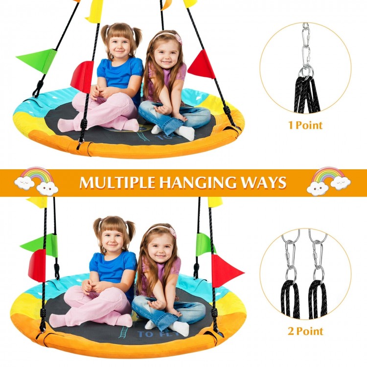 Colorful 40-inch flying saucer tree swing for indoor/outdoor use, adjustable height, safe for kids and adults.