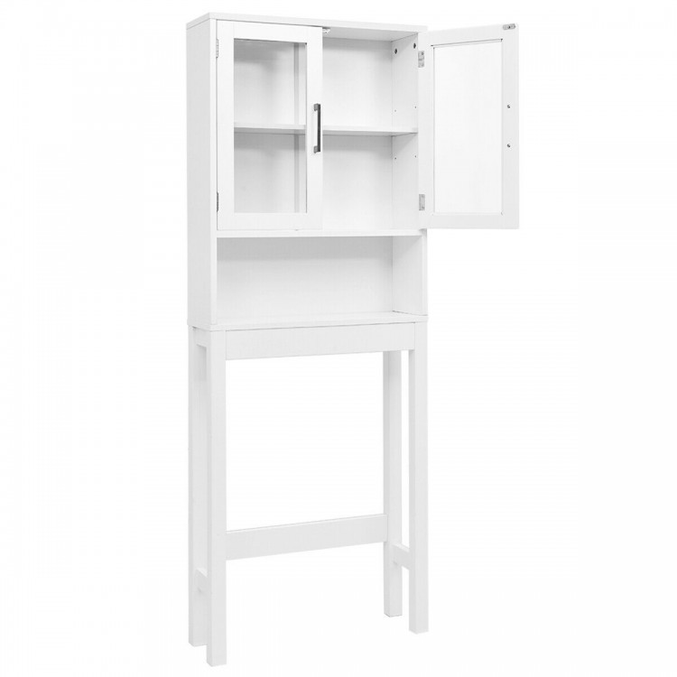 Over the toilet storage cabinet in white with tempered glass doors, featuring adjustable shelves for organized bathroom.