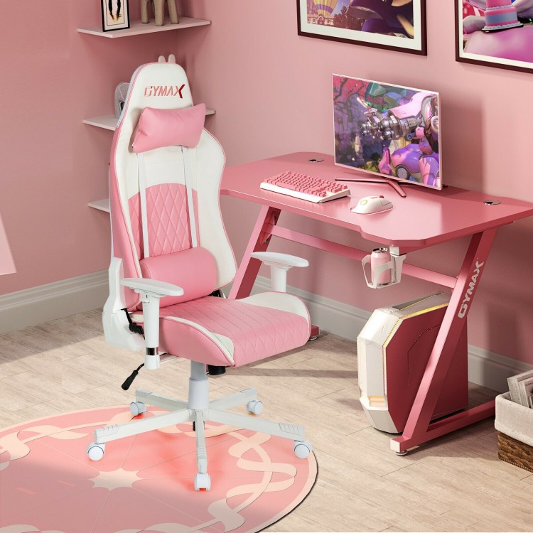 Ergonomic high back pink gaming chair with headrest and lumbar support, adjustable features for comfort and stability.