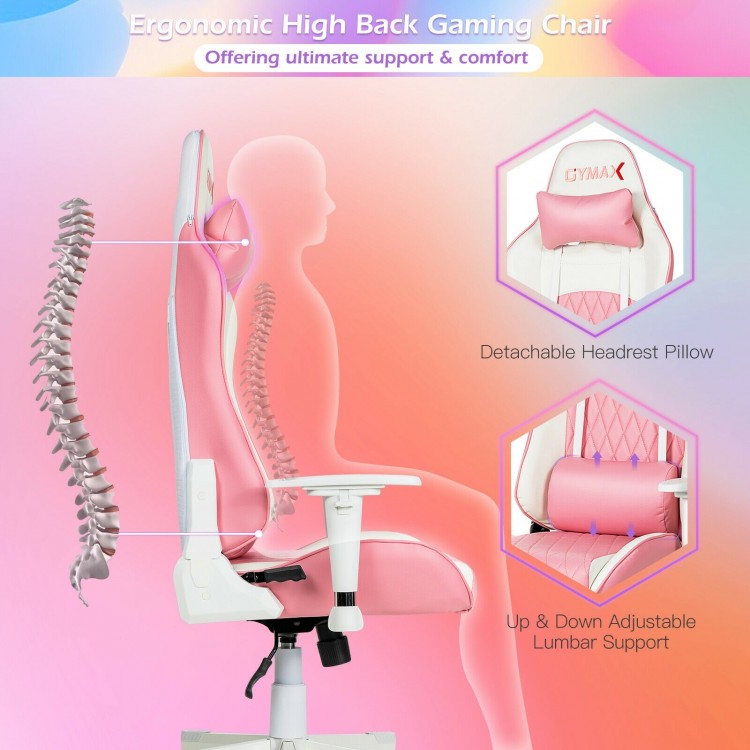 Ergonomic high back gaming chair in pink with adjustable headrest and lumbar support for ultimate comfort and support.