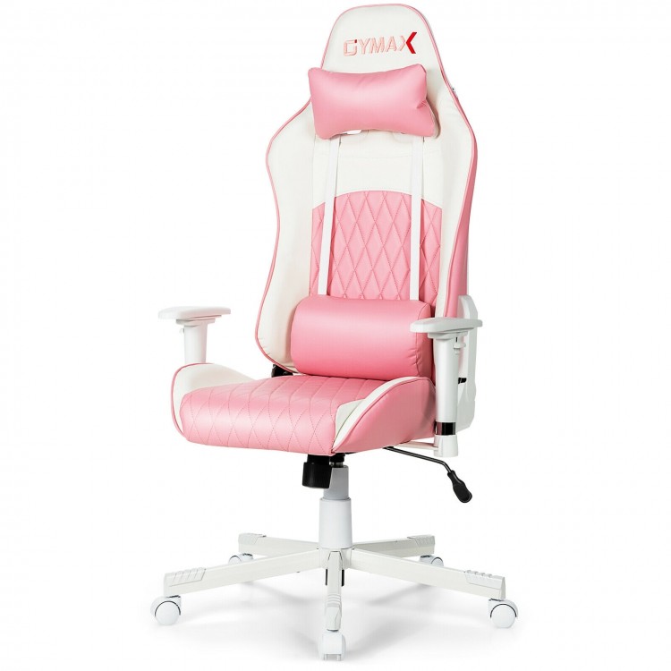 Ergonomic high back computer desk chair in pink with adjustable features, headrest, and lumbar support for comfort.