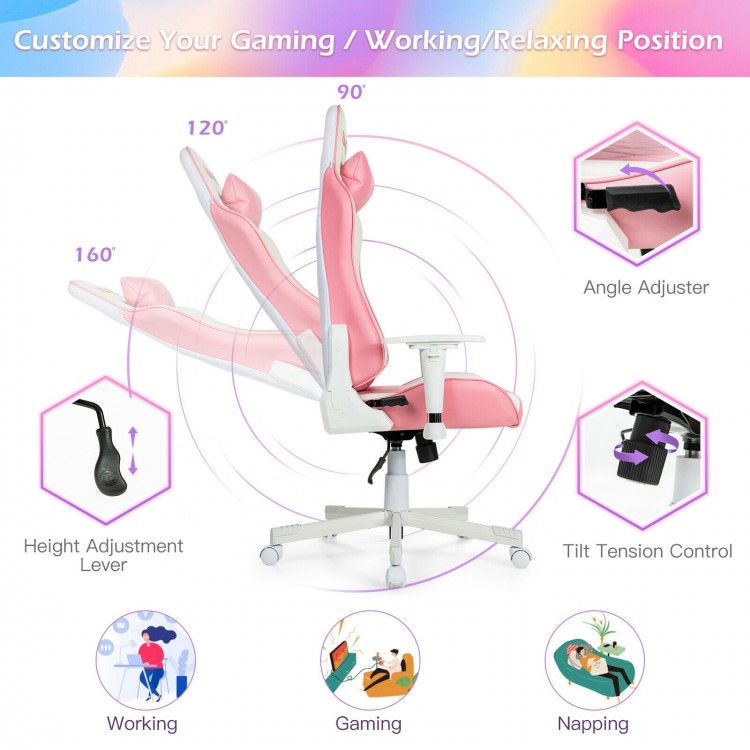 Ergonomic pink gaming chair with adjustable height, backrest, and armrests for optimal comfort during work or gaming.