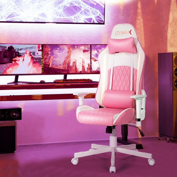Ergonomic pink gaming chair with adjustable headrest, lumbar support, and 360° swivel for comfort during long sessions.