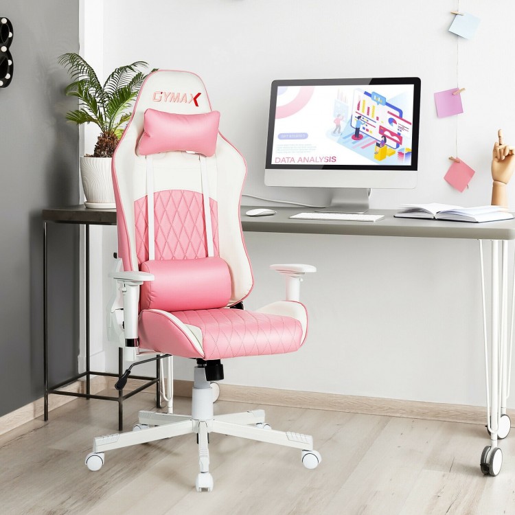 Ergonomic pink high back computer desk chair with headrest and lumbar support, ideal for gaming and office use.