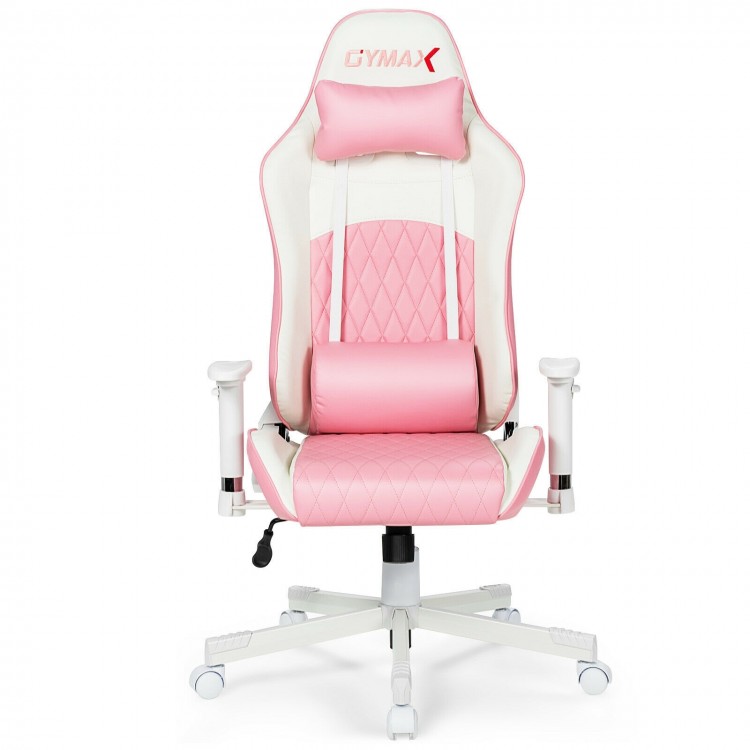 Ergonomic pink high back computer desk chair with adjustable headrest, lumbar support, and heavy-duty metal frame.