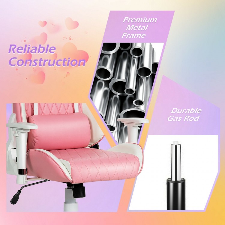 Close-up of the premium metal frame and durable gas rod of the pink ergonomic gaming chair, ensuring stability and.
