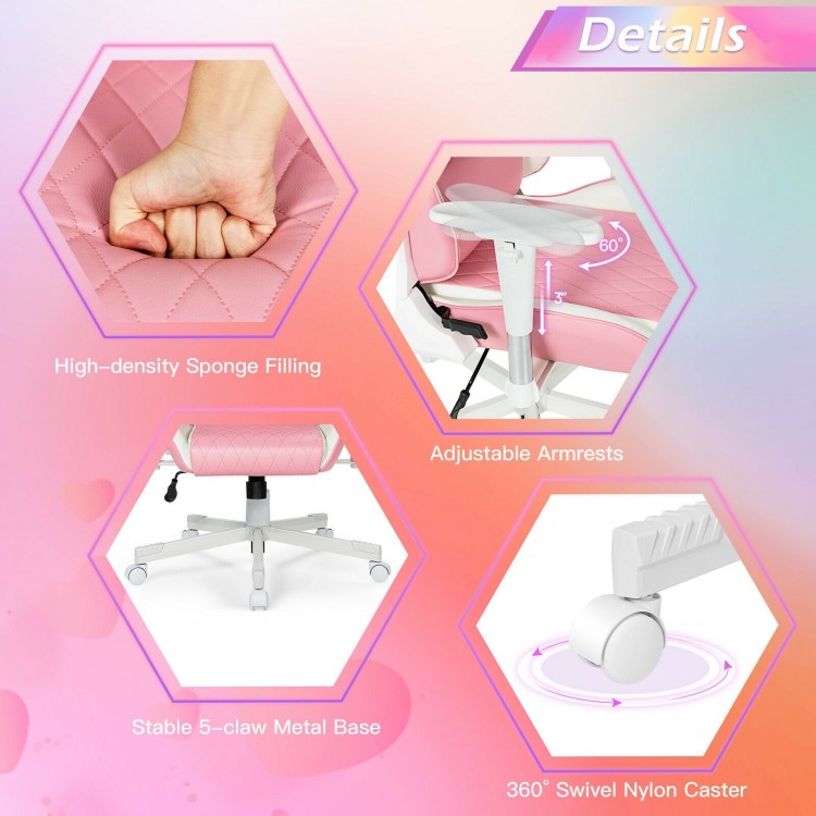 High-back pink ergonomic computer desk chair with adjustable armrests, headrest, and lumbar support for comfort.