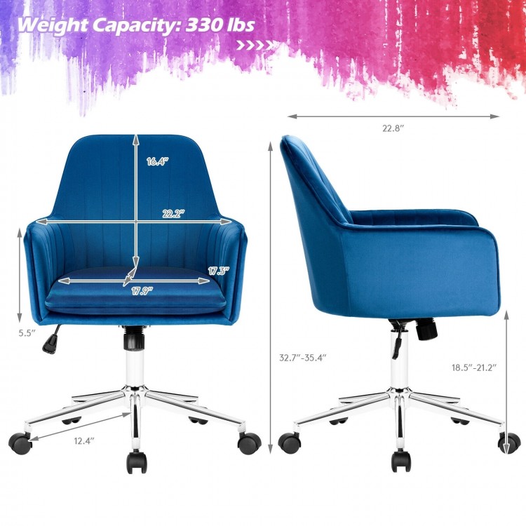 Velvet accent office armchair in blue with adjustable height, removable cushion, and 360° swivel for versatile use.