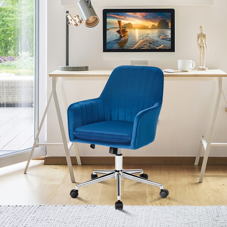 Blue velvet accent office armchair with adjustable height, swivel base, and removable cushion for versatile use.