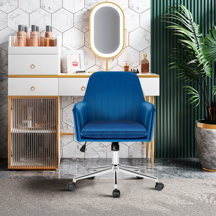 Blue velvet accent office armchair with adjustable height and removable cushion, perfect for home office or makeup use.