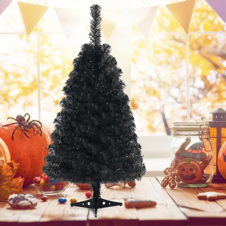 Black 3 feet unlit artificial mini Christmas tree with a sturdy plastic stand, perfect for compact spaces and DIY.