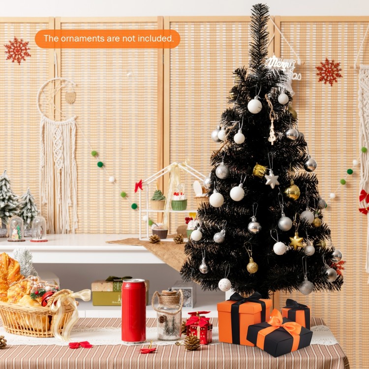 Black 3 feet unlit artificial Christmas mini tree with sturdy plastic stand, perfect for compact spaces and DIY.