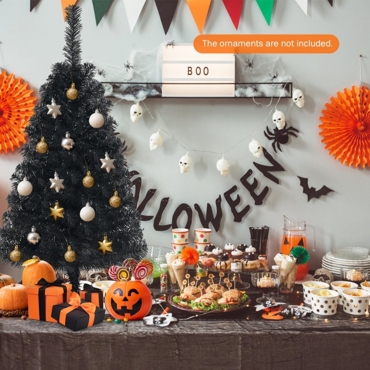 Black 3 feet unlit artificial mini tree with plastic stand, perfect for Halloween decor and festive gatherings.