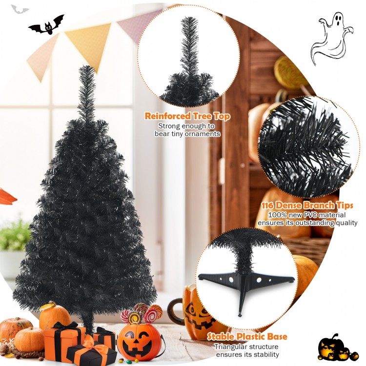 Black 3 feet unlit artificial Christmas Halloween mini tree with dense PVC needles and stable plastic stand for festive.