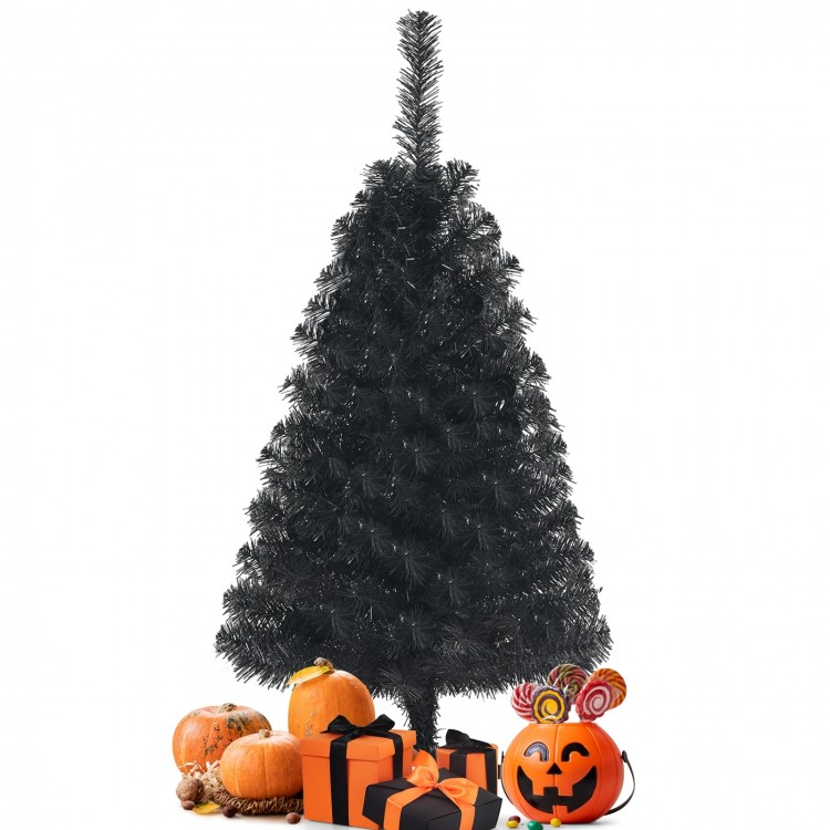 Black 3 feet unlit artificial mini tree with sturdy plastic stand, surrounded by pumpkins and Halloween decorations.