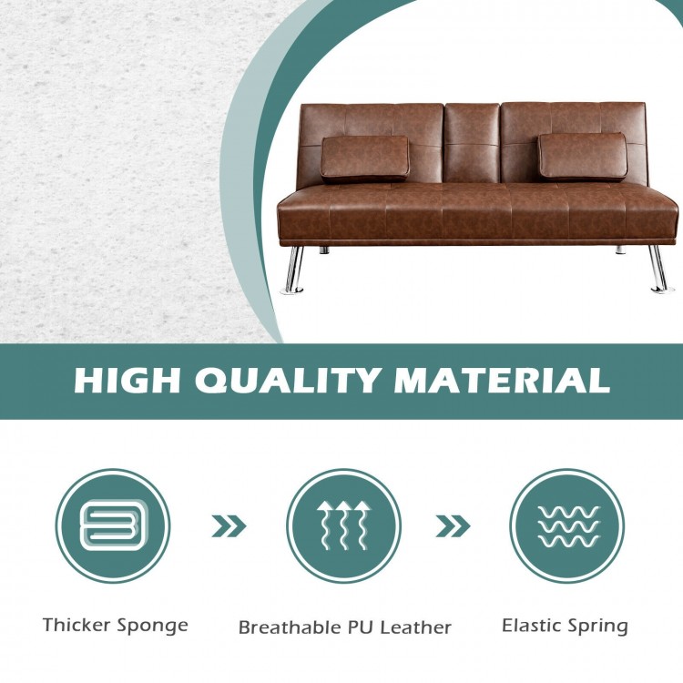 Convertible brown leather futon sofa with removable armrests and foldable cup holders, perfect for home or office use.