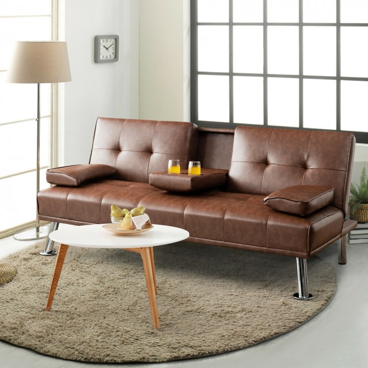 Convertible brown leather futon sofa with cup holders and removable armrests, perfect for home or office relaxation.
