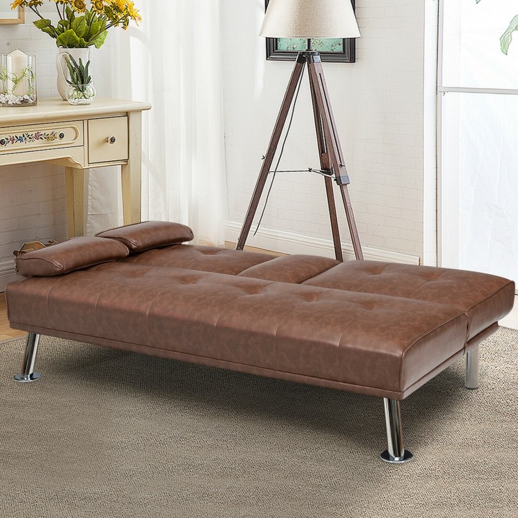 Convertible brown leather futon sofa with removable armrests and foldable cup holders, ideal for home or office.