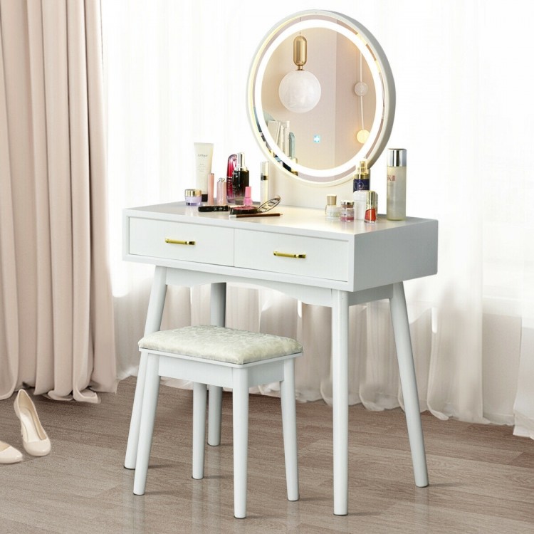 Vanity dressing table set with rounded mirror, two drawers, and comfortable stool, featuring three lighting modes for.