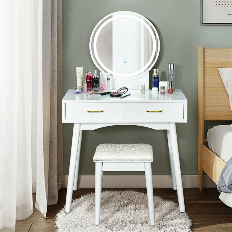 Vanity dressing table set with rounded mirror, two drawers, and comfortable stool, perfect for modern bedroom decor.