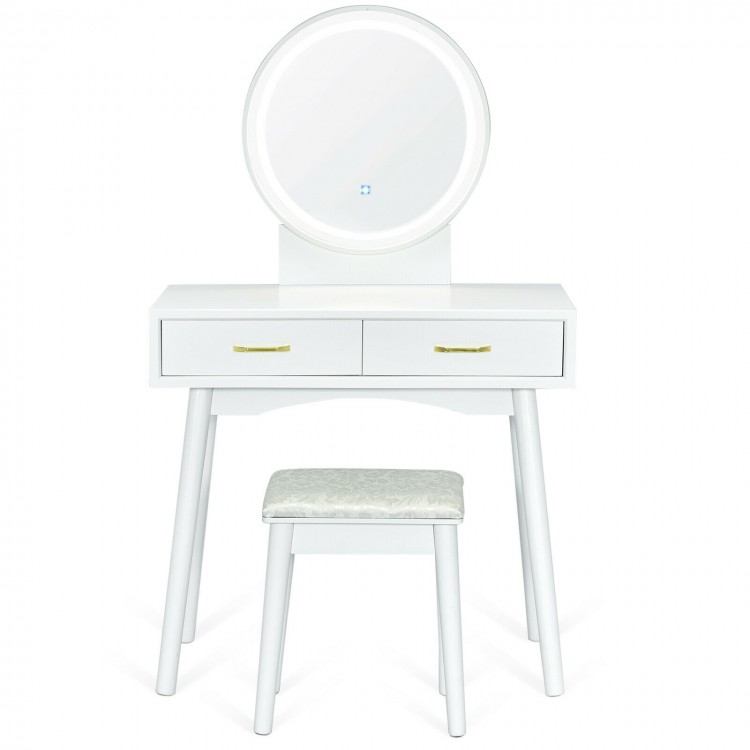 Vanity dressing table set with rounded mirror, LED lights, and two drawers, perfect for modern bedroom decor.