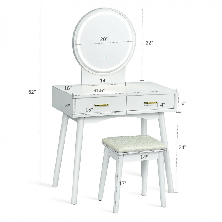 Rounded mirror of the vanity dressing table set with adjustable LED lights and elegant design, enhancing bedroom.
