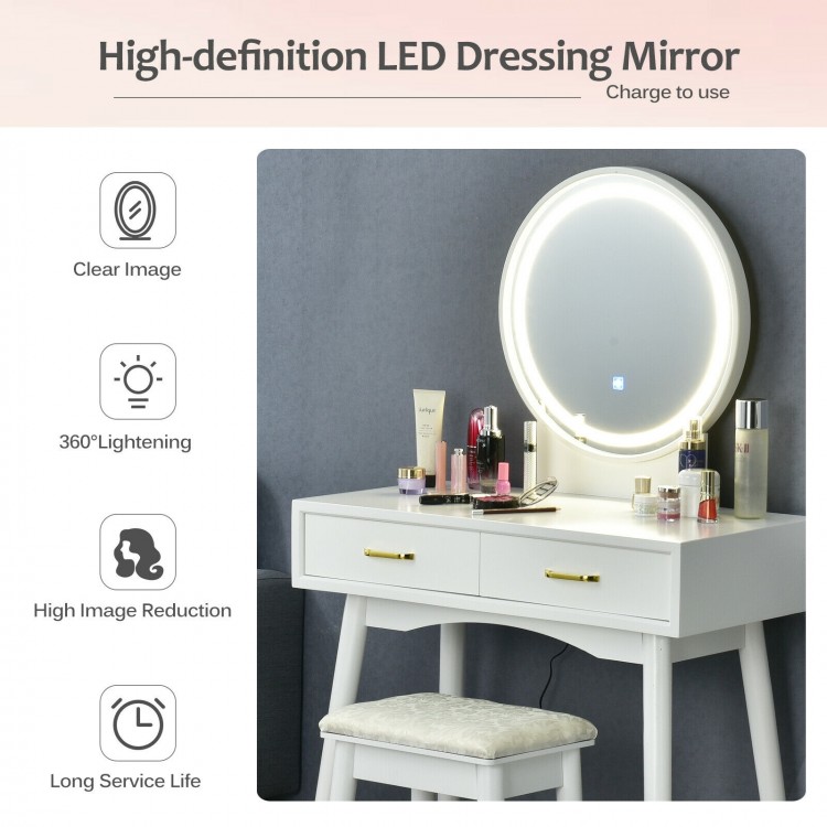 Vanity dressing table set featuring a high-definition LED mirror, two storage drawers, and a comfortable stool for.