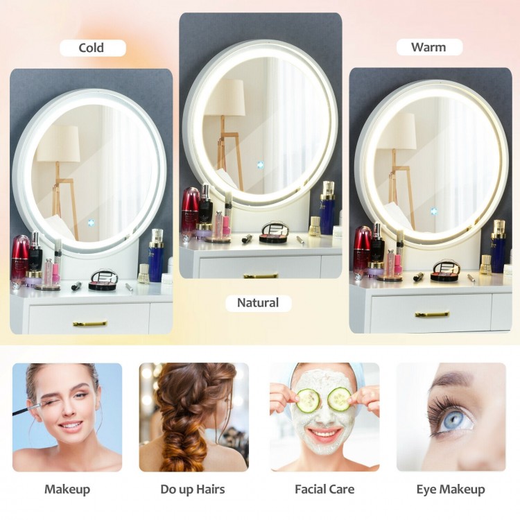 Vanity dressing table set featuring a rounded mirror with three lighting modes, ideal for makeup and beauty routines.