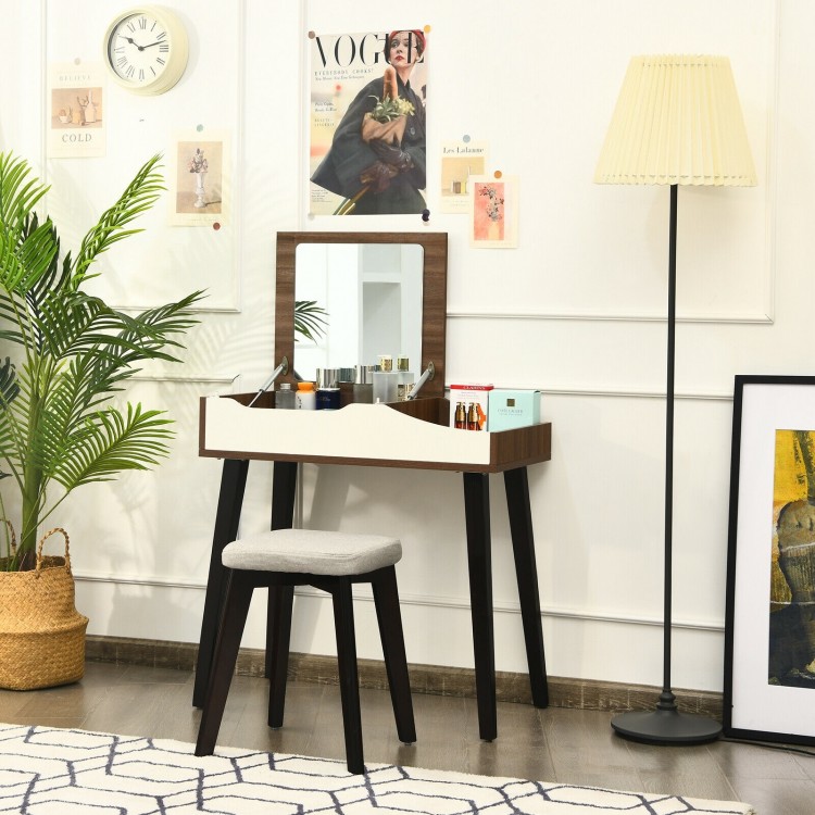 Vanity table set with flip-top mirror and padded stool in brown, perfect for a stylish and functional workspace.