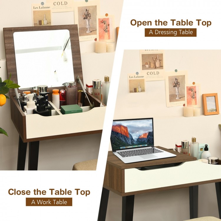 Vanity table set with flip-top mirror, brown finish, dual-use as dressing and work table, includes padded stool.