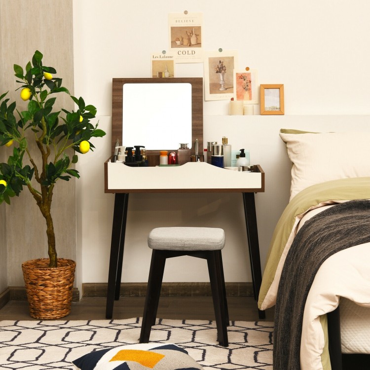 Vanity table set with flip-top mirror and padded stool in brown, ideal for dressing and workspace organization.