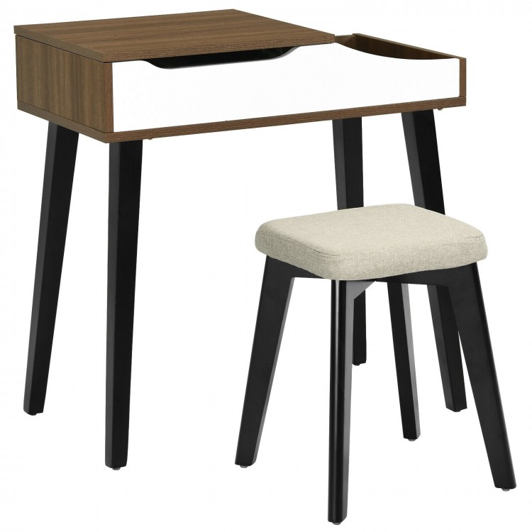 Vanity table set with flip-top mirror, brown wood finish, and padded stool for versatile use as a dressing or study.