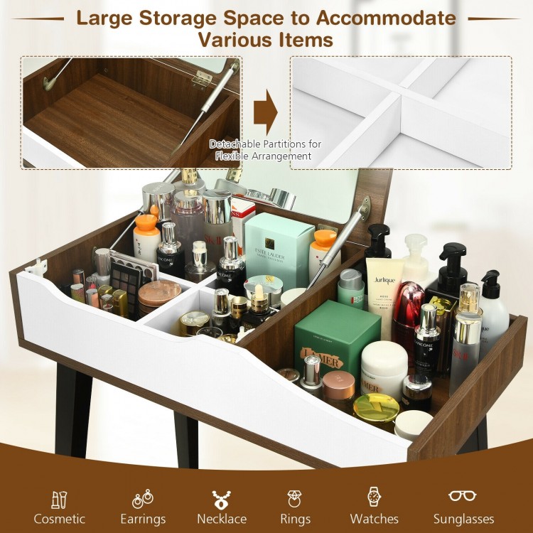 Large storage space with detachable partitions in the vanity table set for organizing cosmetics and accessories.